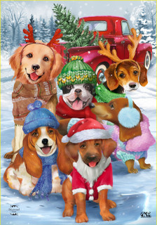 Briarwood Lane Festive Pups House Flag with six dogs in winter clothes and Santa hat.