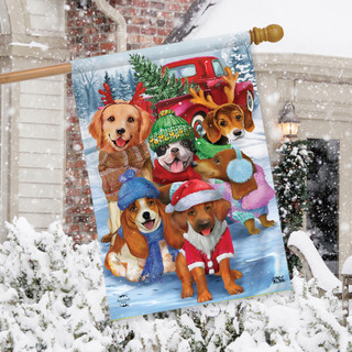 Briarwood Lane Festive Pups House Flag with Christmas dogs in winter clothing and red truck.
