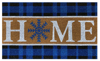 Briarwood Lane Snowflake Home Coir Doormat 18 x 30 with blue plaid and snowflake design.