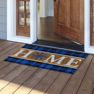 Briarwood Lane Snowflake Home Coir Doormat, 18 x 30, blue plaid with snowflake design.