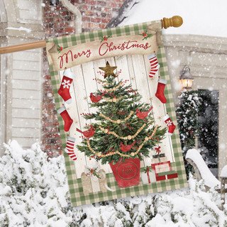 Briarwood Lane Potted Christmas Tree House Flag with green plaid border and Merry Christmas sign.
