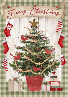 Briarwood Lane Potted Merry Christmas Tree Garden Flag with green tree and red decorations.