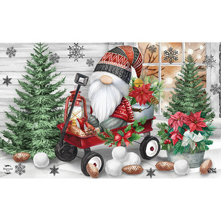 Briarwood Lane Wagon Gnome Doormat with festive gnome, trees, and ornaments on snowy background.