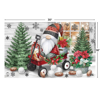 Briarwood Lane Wagon Gnome Doormat with Christmas trees and decorations, red wagon, white beard.