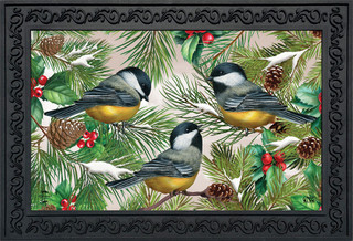 Briarwood Lane Winter Chickadees doormat with birds, pine branches, pinecones, and holly in a black frame.