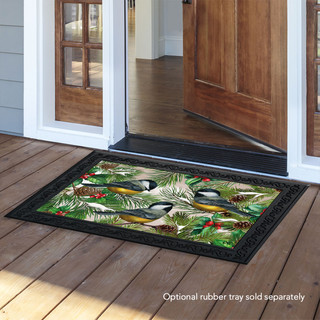 Briarwood Lane Winter Chickadees doormat on a wooden porch with black border and vibrant bird design.