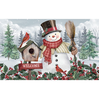 Briarwood Lane Jolly Snowman Welcome Doormat with red scarf and hat, holly, and cardinals.
