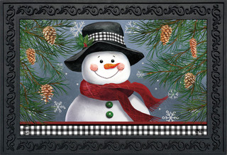 Smiling Snowman Doormat by Briarwood Lane, black hat, red scarf, green buttons, festive pine design.