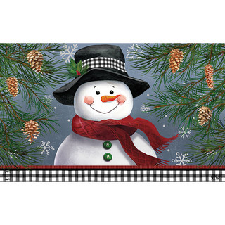 Smiling Snowman Doormat by Briarwood Lane, black hat, red scarf, green buttons, festive winter design.