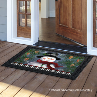 Smiling Snowman Doormat by Briarwood Lane, black border with festive snowman design on wooden porch.