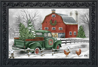 Briarwood Lane Christmas on the Farm Doormat with green truck, red barn, and snowy scene.