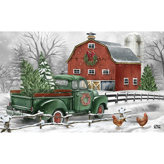 Briarwood Lane Christmas on the Farm Doormat with green truck, red barn, and snowy scene.