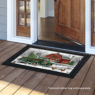 Briarwood Lane Christmas on the Farm doormat with winter barn scene on wooden porch floor.