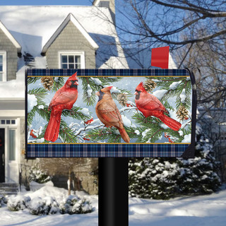 Briarwood Lane Wintertime Cardinals Mailbox Cover with red cardinals on snowy pine branches design.