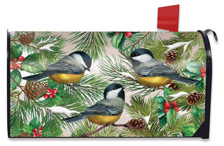 Briarwood Lane Winter Chickadees Mailbox Cover with pine, holly, and pinecones on a beige background.