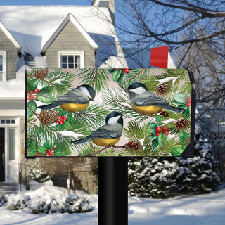 Briarwood Lane Winter Chickadees mailbox cover with pinecones, berries, and snow on green pine branches.