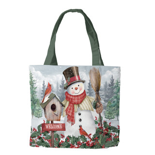 Briarwood Lane Jolly Snowman Welcome Tote with festive winter snowman design and green handles shown.