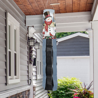 Briarwood Lane Jolly Snowman Welcome Windsock Wind Twister, snowman design, hanging on a house porch.
