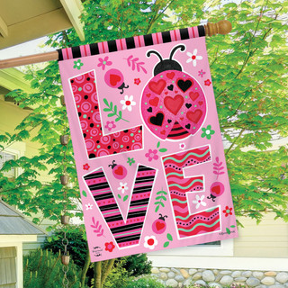 Briarwood Lane Ladybug Love double-sided house flag with pink, red, and black ladybug design.