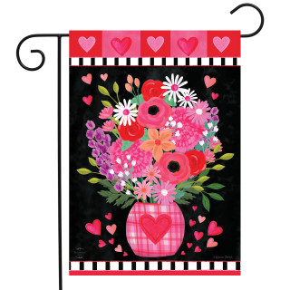 Briarwood Lane Hearts and Flowers Garden Flag with pink flowers and hearts on black background.