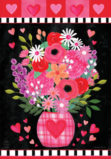 Briarwood Lane Hearts and Flowers Garden Flag with pink vase and colorful blooms on black background.