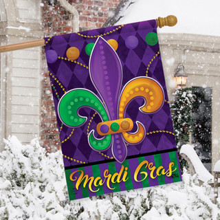 Briarwood Lane Mardi Gras Fleur-De-Lis double sided house flag in purple, green, and gold colors.