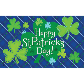 Green heart with shamrocks and Happy St. Patrick's Day text on blue plaid background design.