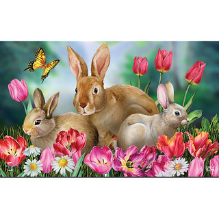 Briarwood Lane Bunny Family Doormat with colorful flowers and butterflies design.