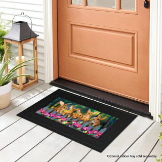 Briarwood Lane Garden Bunnies Mini Mat with colorful bunnies and flowers on a black background.