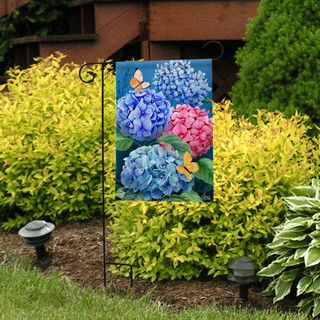 Briarwood Lane Colorful Hydrangeas garden flag with blue, pink hydrangeas and butterflies design on display.