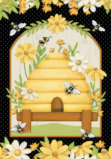 Briarwood Lane Home Sweet Hive Garden Flag with yellow beehive, bees, and white flowers design.