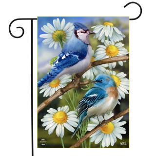 Briarwood Lane Birds and Daisies Garden Flag with blue jays and white daisies on branch.