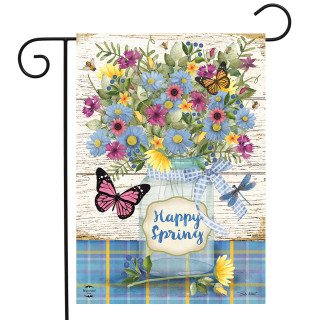 Briarwood Lane Happy Spring Floral Jar Garden Flag with colorful flowers butterflies and dragonfly design.