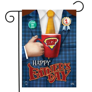 Briarwood Lane Super Dad Father's Day garden flag with blue plaid suit and red coffee mug.