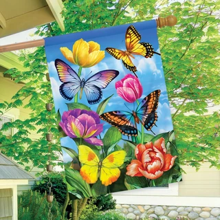 Briarwood Lane house flag with colorful butterflies and tulips design.