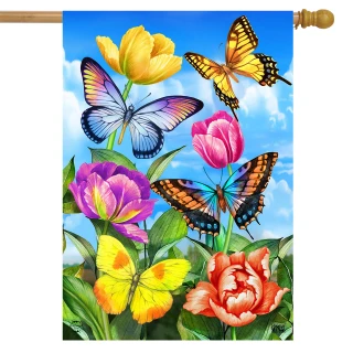 Briarwood Lane Butterflies and Tulips House Flag with colorful butterflies and flowers on blue background.