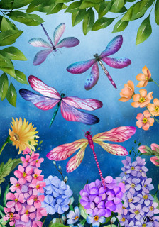 Briarwood Lane Dragonflies House Flag with colorful dragonflies and flowers on blue background.