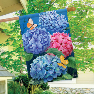 Briarwood Lane Colorful Hydrangeas House Flag with blue, pink flowers and butterflies outdoor decor.