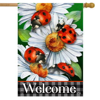 Briarwood Lane Ladybugs and Daisies house flag with welcome message and red ladybugs on white flowers.