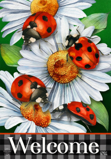 Briarwood Lane Ladybugs and Daisies house flag with welcome message on green and checkered background.