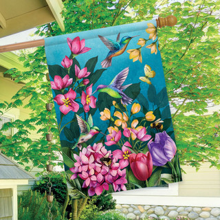 Briarwood Lane Springtime Hummingbirds House Flag with colorful flowers and hummingbirds on a blue background.