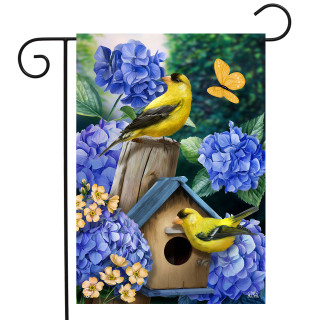 Briarwood Lane Goldfinches and Hydrangea garden flag with yellow birds, blue hydrangeas, and a birdhouse.