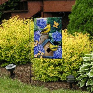 Briarwood Lane Goldfinches and Hydrangea garden flag with yellow birds, blue flowers, and birdhouse design.