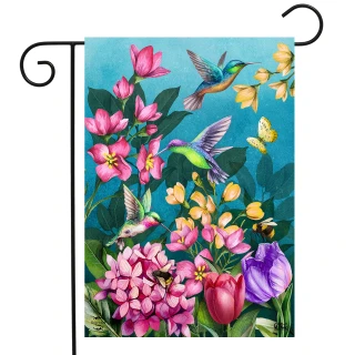 Briarwood Lane Springtime Hummingbirds Garden Flag with colorful hummingbirds and flowers on blue background.