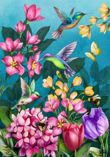 Briarwood Lane Springtime Hummingbirds Garden Flag with colorful hummingbirds and flowers.