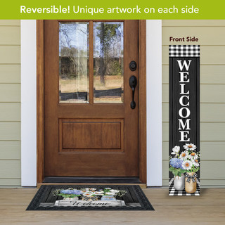 Briarwood Lane Farmhouse Flowers Pine Reversible Porch Leaner with Welcome sign and floral arrangement displayed.