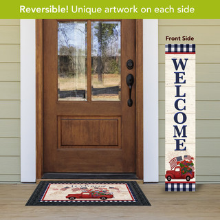 Briarwood Lane Patriotic Celebration Reversible Porch Leaner with red truck and welcome text on front.