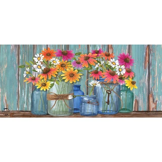 Briarwood Lane Farm Fresh Flowers Mini Mat with colorful flowers in glass vases on a shelf.
