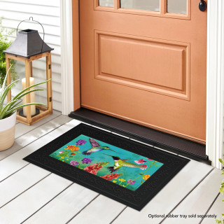 Briarwood Lane Hummingbird Greeting Mini Mat with colorful hummingbirds and flowers on a black background.