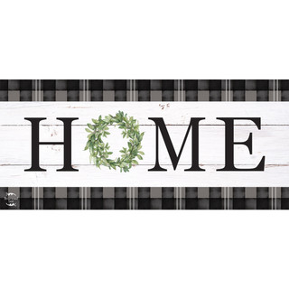 Briarwood Lane Home Mini Mat with green wreath and black plaid border, white wooden sign.
